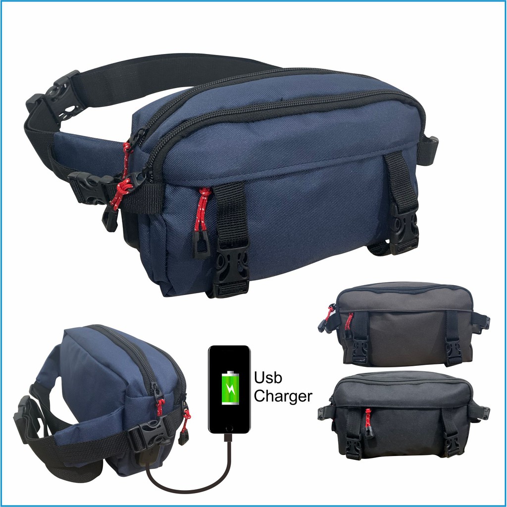 8809 - Tas Waistbag Slempang Ada Fitur USB Port Untuk Charger Hp