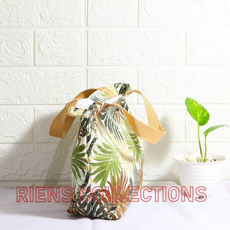 RIENS COLLECTIONS. HANDBAG KECIL BAHAN KANVAS MOTIF FLORAL PALM COKLAT