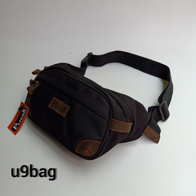 Waistbag Pusiill 1570 Hitam/Bhan courdura fabric'/kombinasi kulit sapi/taspinggang/tasselampang Pusiill/