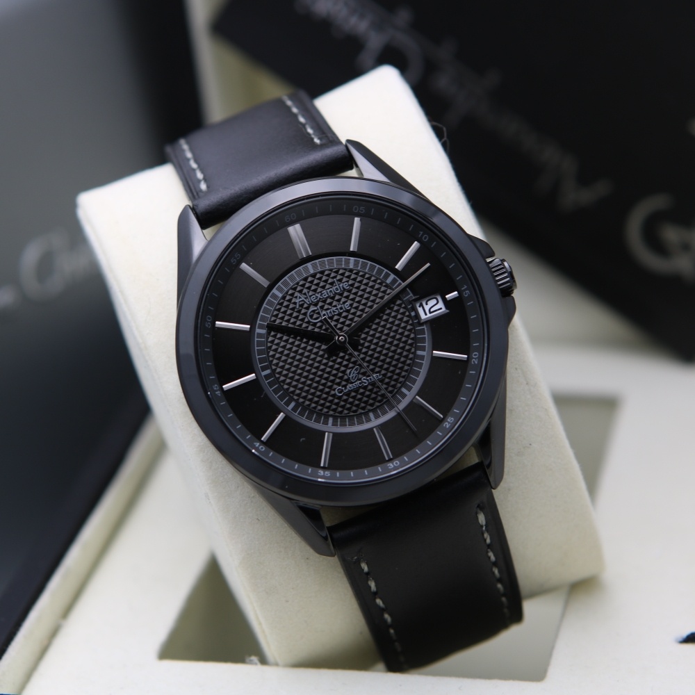 Jam Pria Alexandre Christie AC 8649 MD Black Leather Black Original