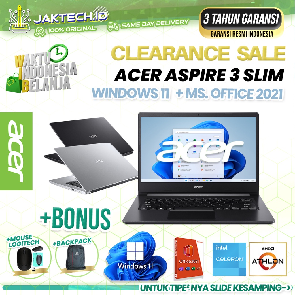 Acer Aspire 3 Slim A314-22/A315-35 Intel Celeron Quad Core / AMD Athlon RYZEN 4/8GB 256GB SSD Windows 11 + OHS 2021 ORIGINAL GARANSI 3 TAHUN