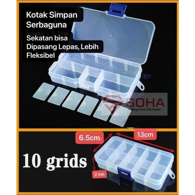 ART-035 10 Sekat Tempat Kotak Obat Plastik Penyimpanan Manik Mote Kancing Serbaguna