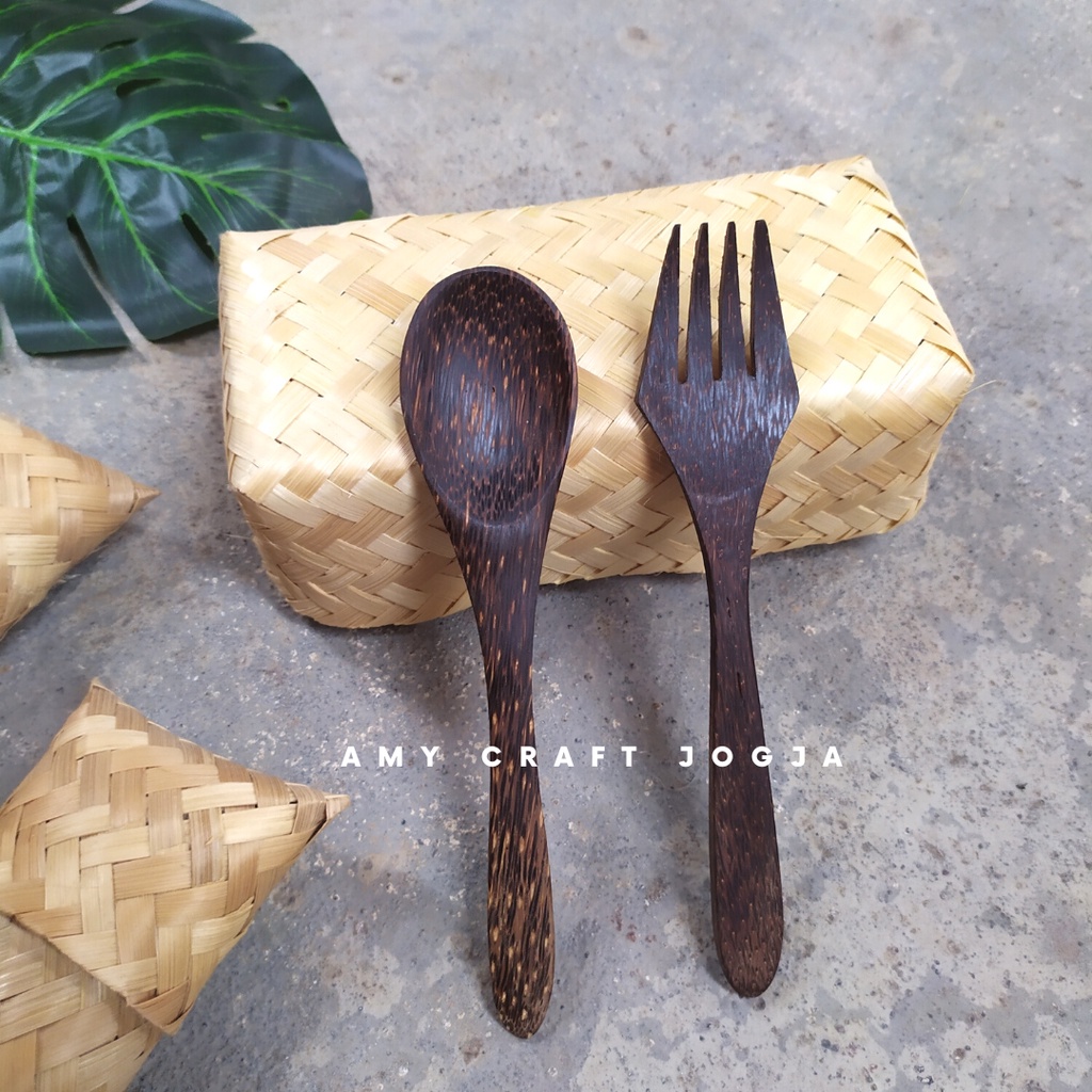 SET SENDOK GARPU KAYU AREN 17,5 cm/Sendok Kayu Aren/Alat Makan Kayu/Finishing Foodgrade