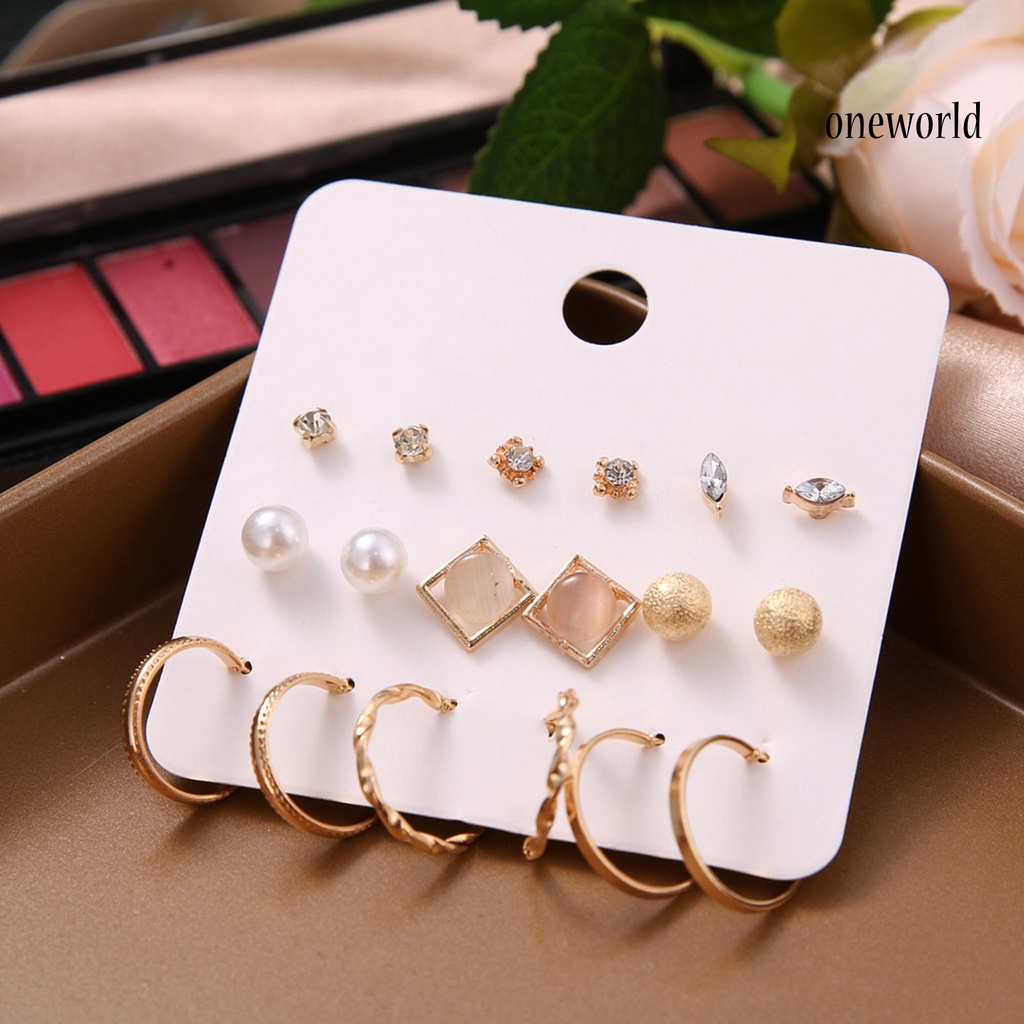 OW# 9 Pairs Women Faux Pearl Shiny Rhinestone Geometrical Ear Stud Earring Jewelry Accessory