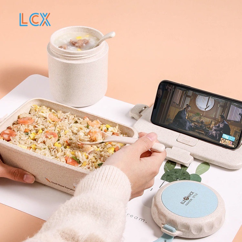 LCX Tempat makan/Lunch Box Jerami Gandum Kotak Makan Bento Anti Tumpah Single-Layer Kotak Bekal Tempat Makan