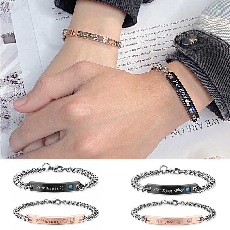 His Gelang Rantai Bahan Stainless Steel Warna Rose Gold Hitam Silver Aksen Berlian Kristal Untuk Pasangan