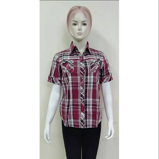Kemeja wanita motif kotak lengan pendek ori label9