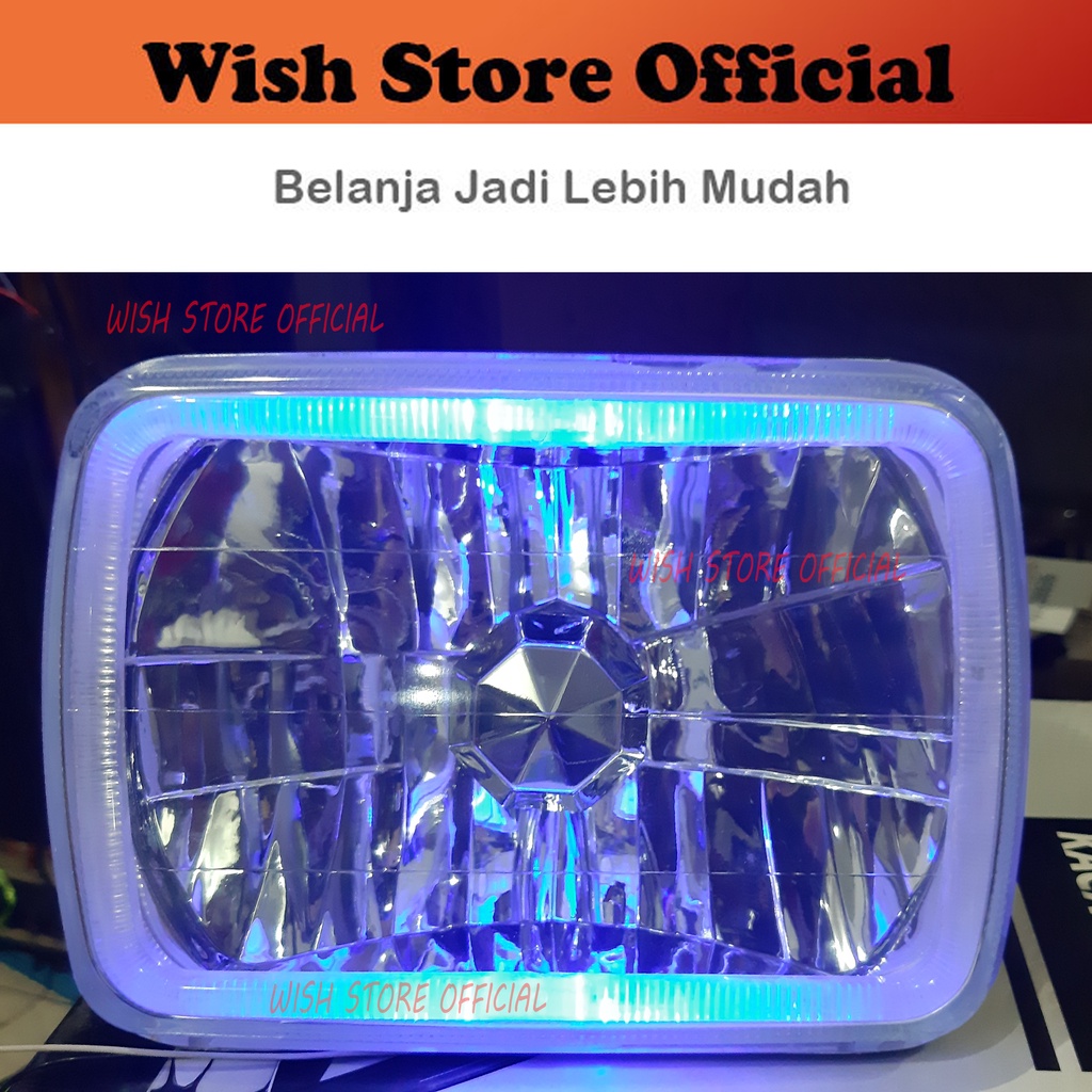 HEADLAMP LAMPU BESAR DEPAN HEAD LAMP UTAMA Universal Kotak 7" inch Kristal LED Biru Sepasang 2 pcs D