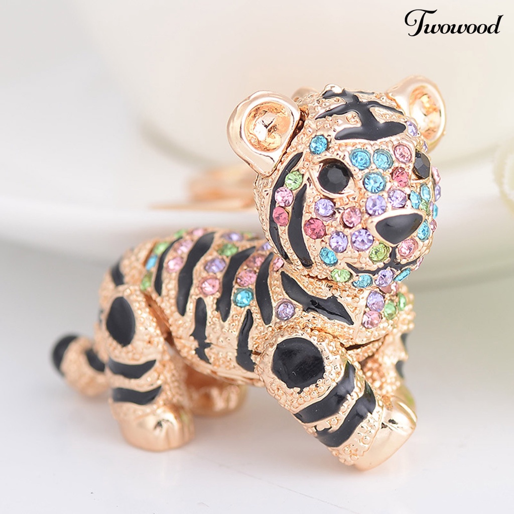 Twowood Key Ring Vivid Rhinestone Decor Multi-Color 3D Tiger Pendant Charming Key Chain for Purse