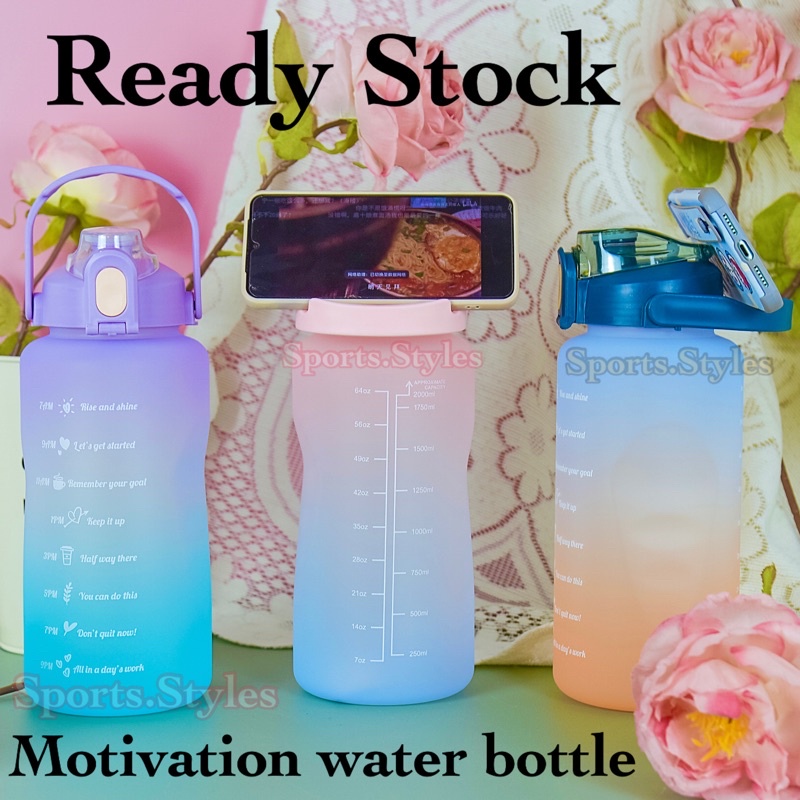 Sports.Styles.id Botol Minum Air Jumbo  Transparan Full Colour Olahraga Travel Motivasi Penanda Waktu Sport Water 1 2 Liter 1500ML 2000 Ml Botle Straw Portable Gradient Kapasitas Besar Anti Pecah Bocor / taruk Hp