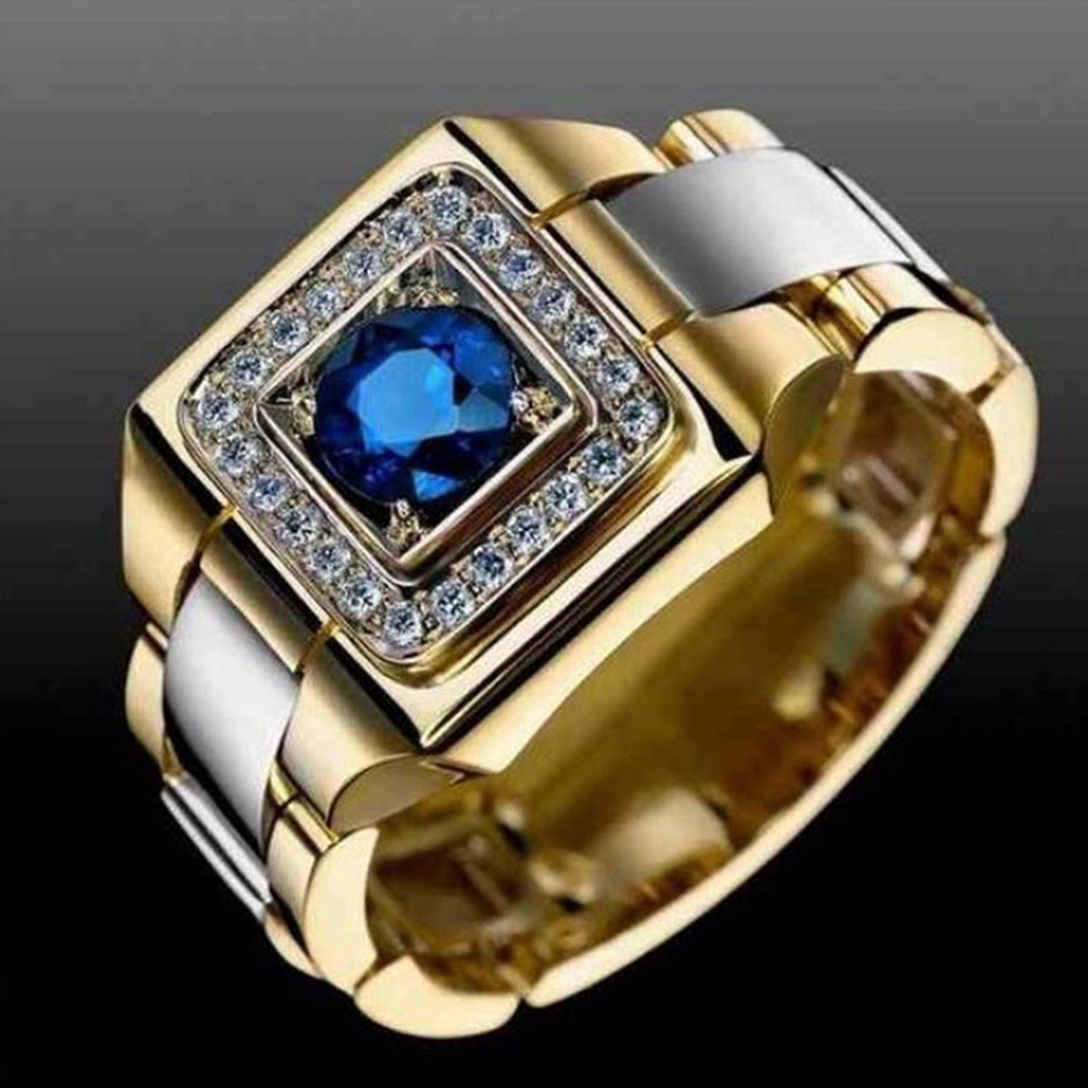 Cincin Tunangan Bahan Titanium Warna Silver Gold Aksen Safir Dan Kristal Untuk Pria Dan Wanita