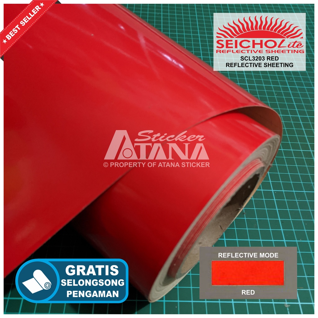 Bahan Stiker Cutting Merah Skotlet Reflektif Fosfor Red Seicholite Reflective Sheeting Nyala Printing Sticker Material Scotchlite Scolite Scotlet Sechotlite Memantulkan Cahaya Flash Malam Hari Mata Kucing Mesin Plotter