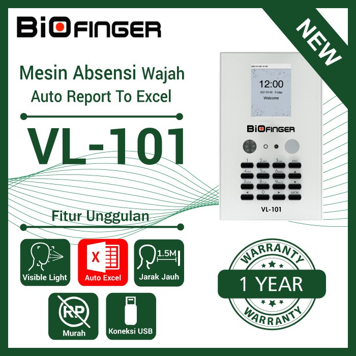 Absensi Wajah BioFinger VL-101 USB Flashdisk Auto Report Excel Simpel Murah Jarak 1.5M Akurat Cepat