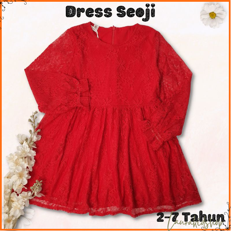 Dress Anak Brukat Merah Seoji 2-7 Tahun Laurakidshop