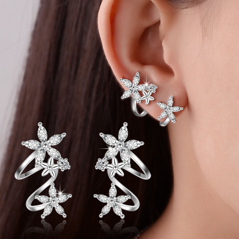 Anting Klip Bentuk Bunga Warna Silver Rose Gold Untuk Wanita