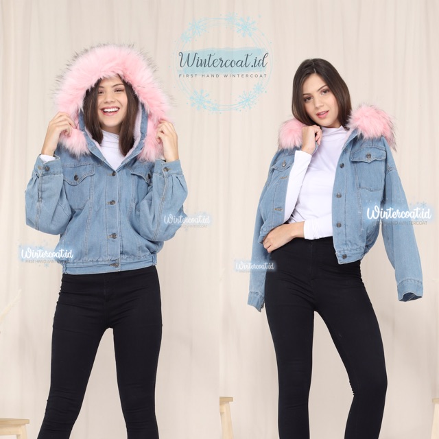 Jeans Fur Jacket Coat Winter Mantel denim musim dingin big size jumbo import korea