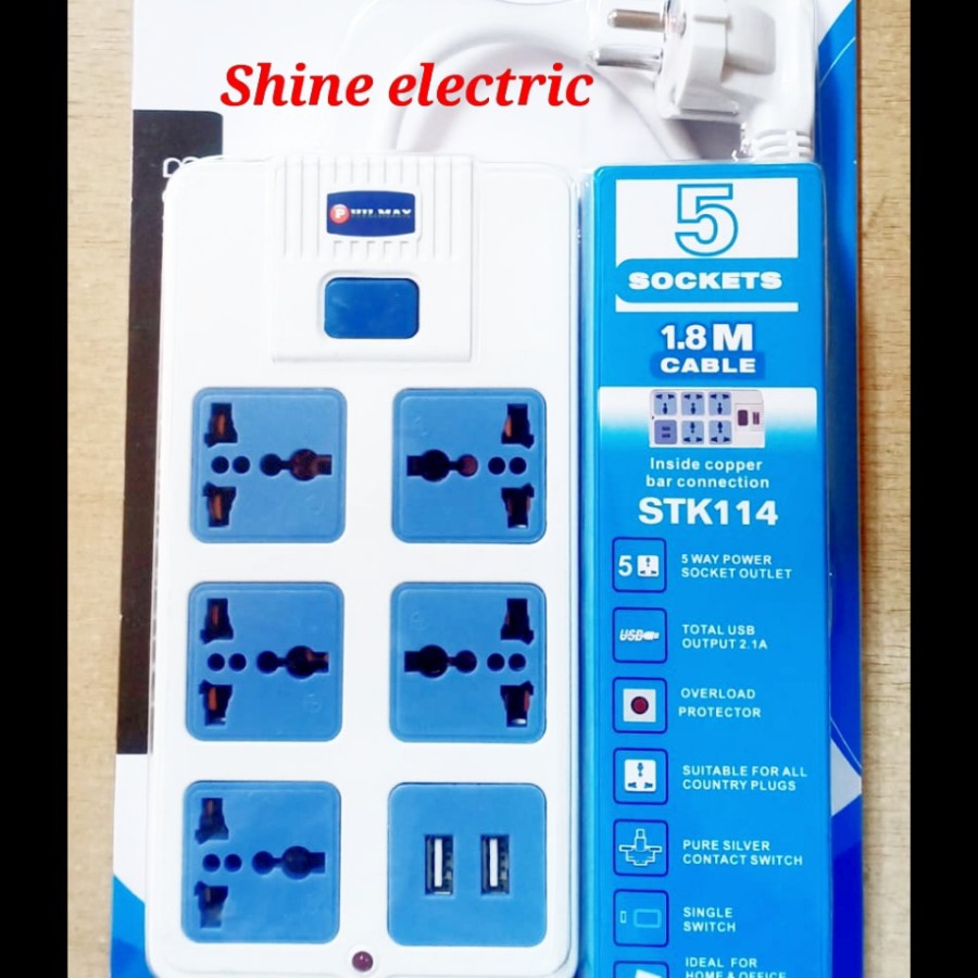 Colokan 5 Lubang + 2 USB 2.1A Stopkontak Universal 3 Kaki 3 Lubang
