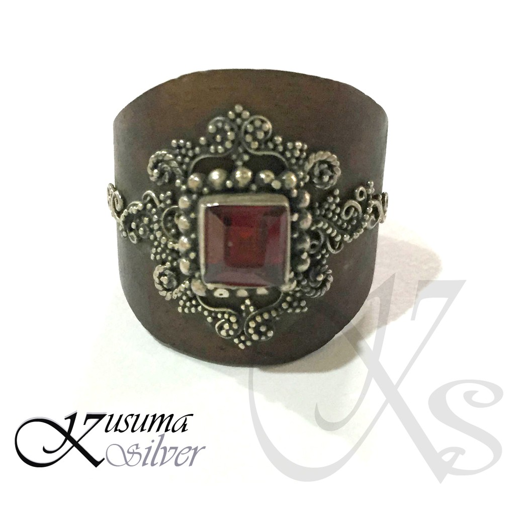 Cincin Ring Perak Silver Bali Mix Kayu Ukir Batu Mata Merah Asli 925 Pria Laki Wanita Custom