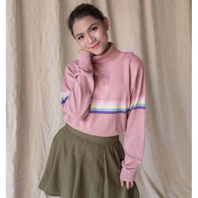 Atasan Wanita Turtleneck Rainbow Sweater Wanita Rainbow turtle Shirt