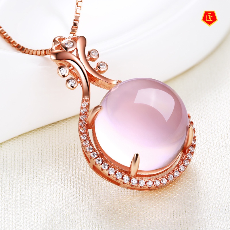 [Ready Stock]925 Rose Gold Necklace Female Pink Crystal Pipa Pendant Simple Fashion