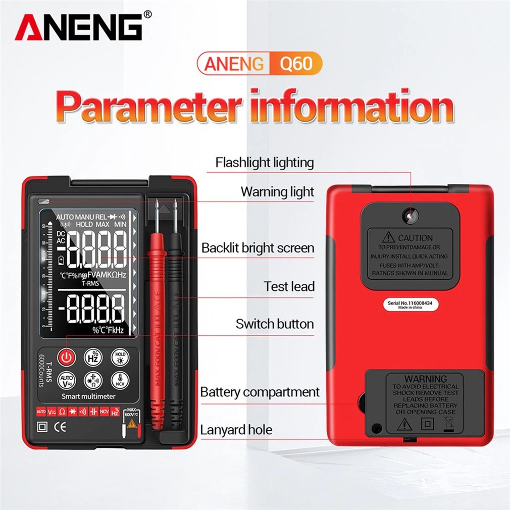 ANENG Multimeter Digital Smart Multimeter 6000 Count True RMS - Q60 - Black/Red