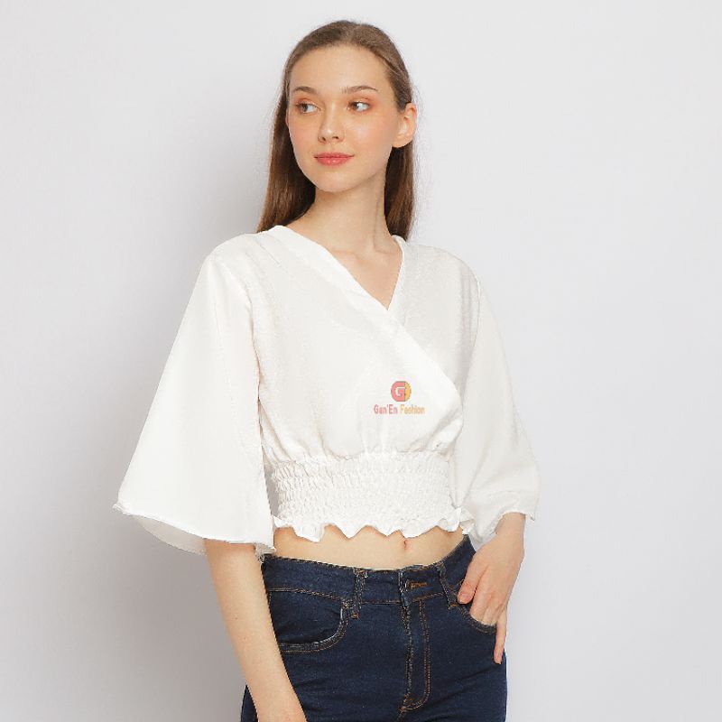 Atasan Blouse Baju Crop Top Korean Style Lengan Terompet Kekinian