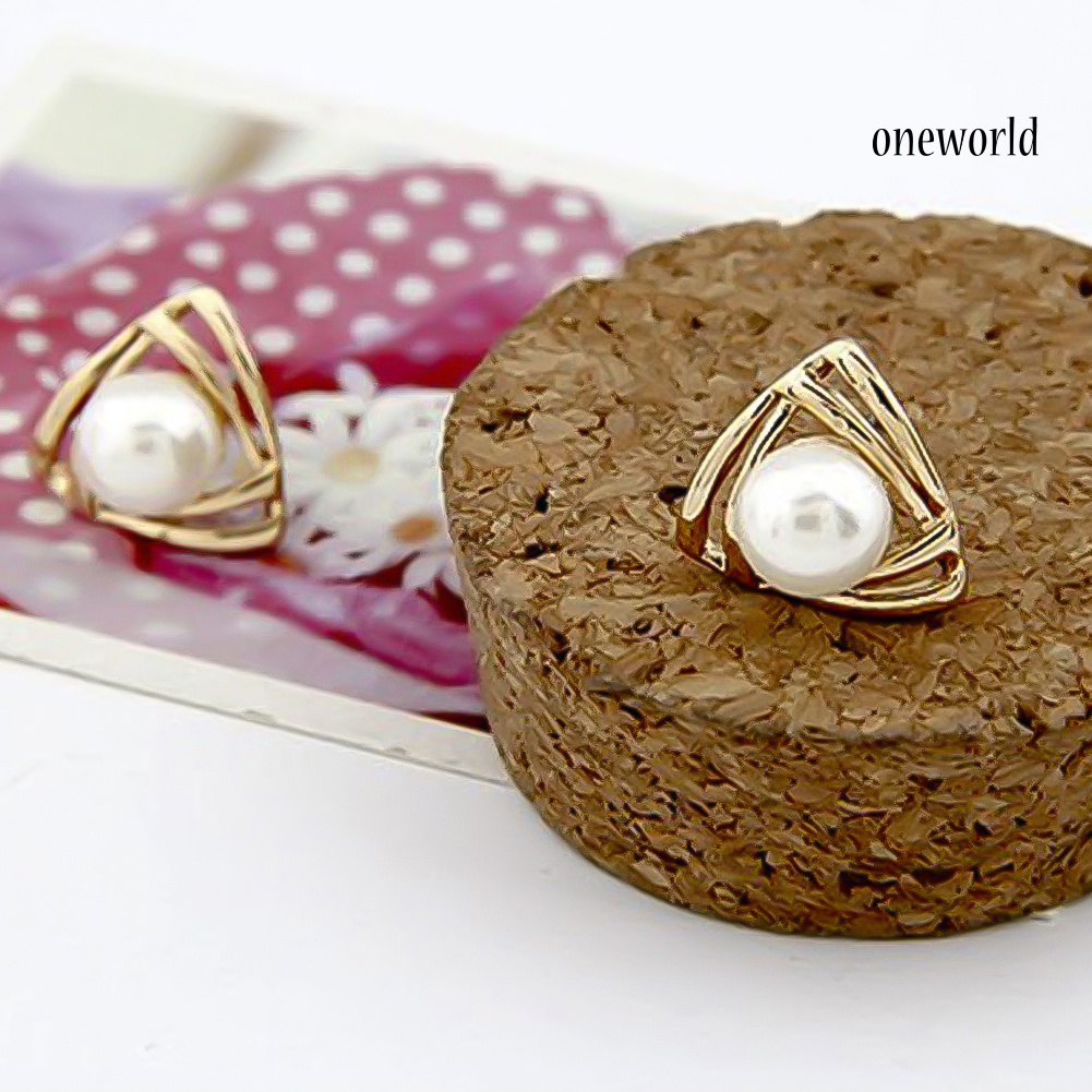 OW# Women Faux Pearl Inlaid Double Triangle Crossover Ear Stud Earrings Jewelry Gift