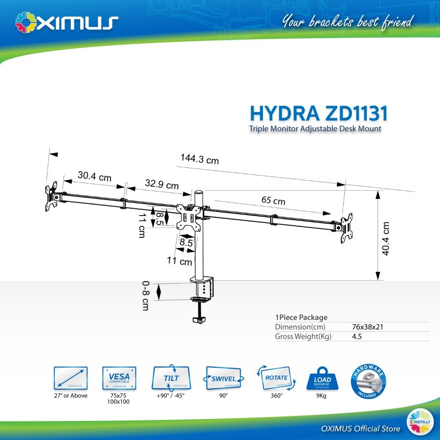 OXIMUS HYDRA ZD1131 Desk Mount Triple Horizontal BRACKET TV MONITOR