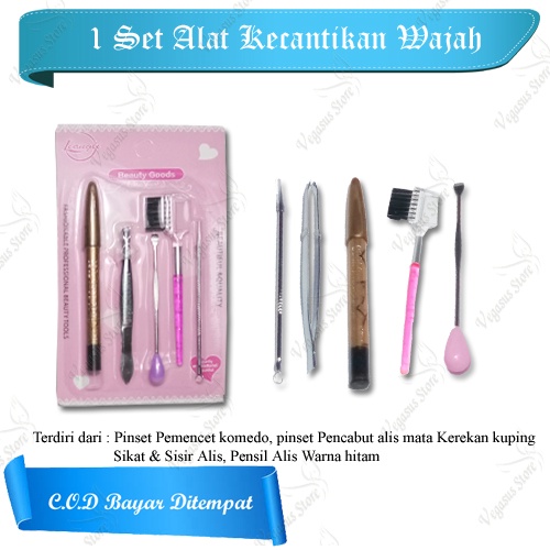 1 set Isi 5 Pcs Alat Perlengkapan Kecantikan wajah(Pinset komedo/Pinset Pencabut alis/Korekan Kuping/Sikat&amp;Sisir/Pensil alis)-Vegasus Store(COD)