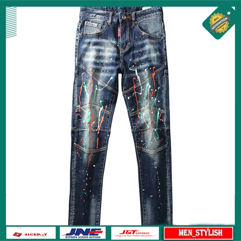 Celana Jeans Panjang Pria American Streetwear Fashion  Dark Blue Spliced Designer Biker Jeans Homme 