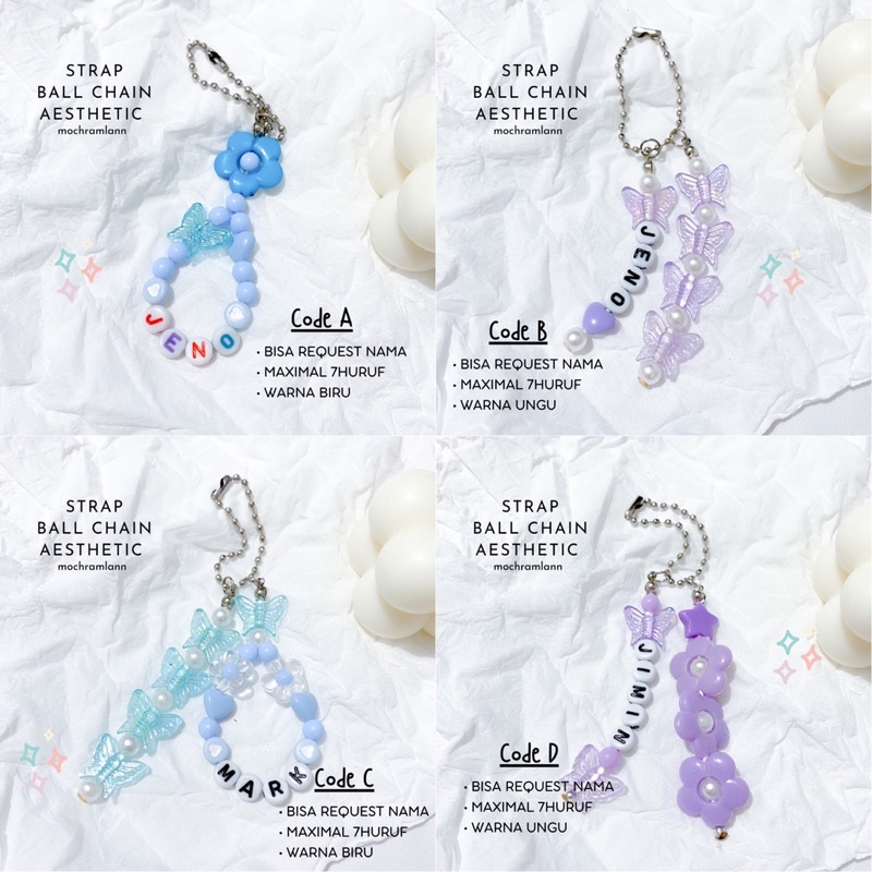 BLUE &amp; PURPLE SERIES !! [ BISA CUSTOM | BACA DESKRIPSI ] Strap BALL CHAIN REQUEST NAMA | Gantungan Kunci / Keychain Custom