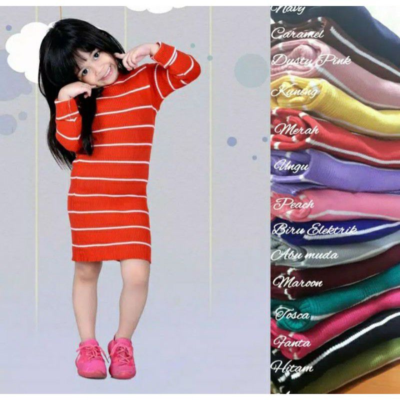 Dress Salur Lengan Panjang Baju Rajut Anak Perempuan Usia 2-4 Tahun