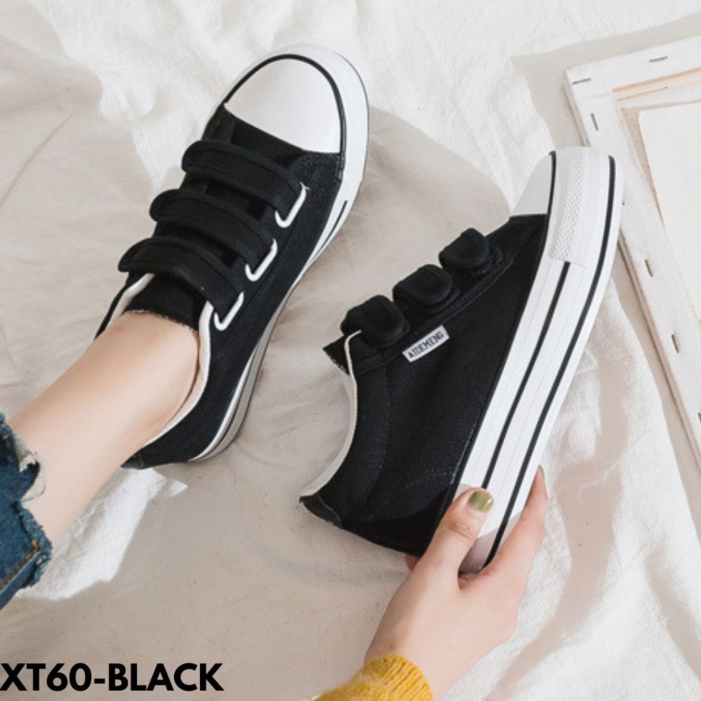 SNEAKERS WANITA VELCRO HIGHCUT BLACK WHITE SISWA SISWI STYLE BAHAN CANVAS IMPORT COMFY T60