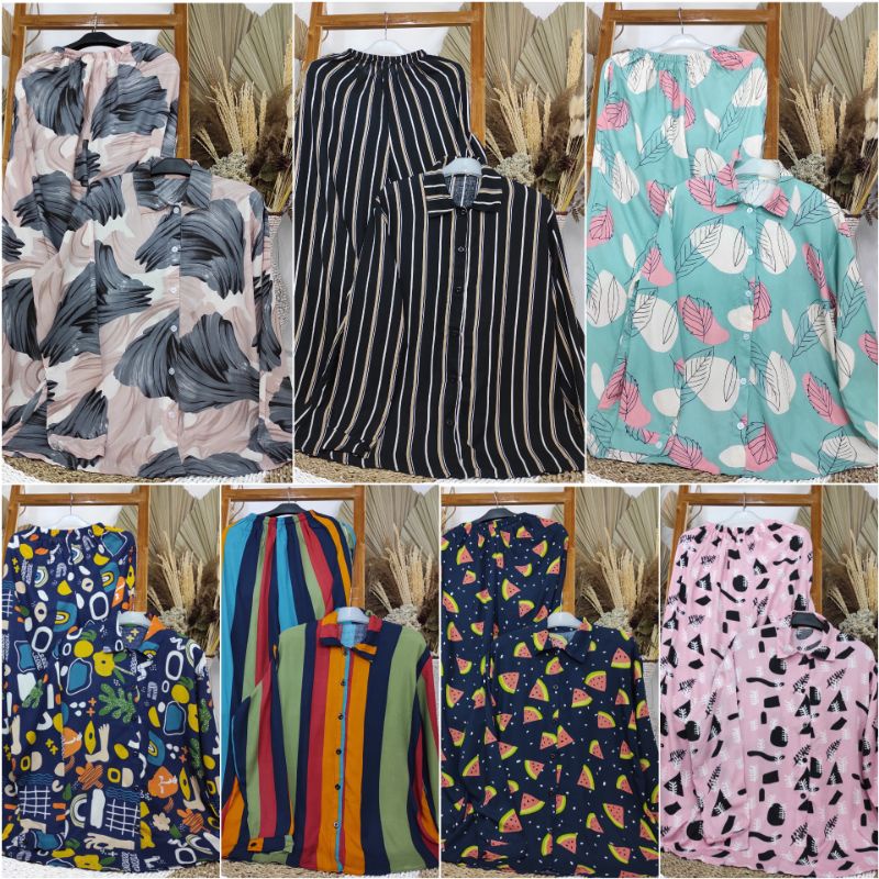 Kemeja Setelan Celana Rayon Motif Kekinian | Setelan Wanita One Set | Setcel Piyama