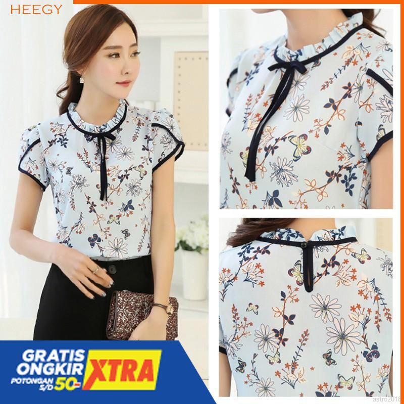 Blouse Bahan Sifon Motif Print Bunga Musim Panas Gaya Wanita Korea