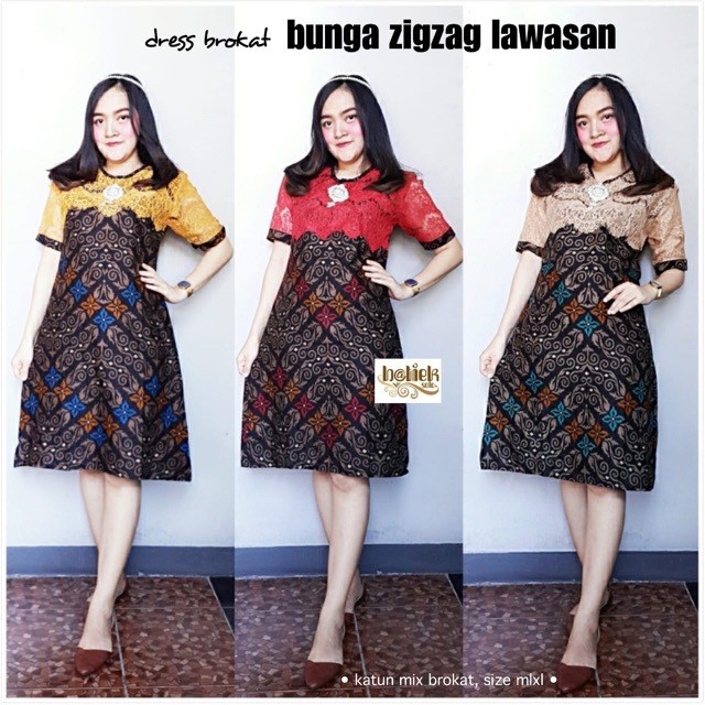 Couple Dress Brokat Bunga Zigzag Lawasan Batik Aluna Midi Bruklat Brokat Sarimbit Pesta Seragaman