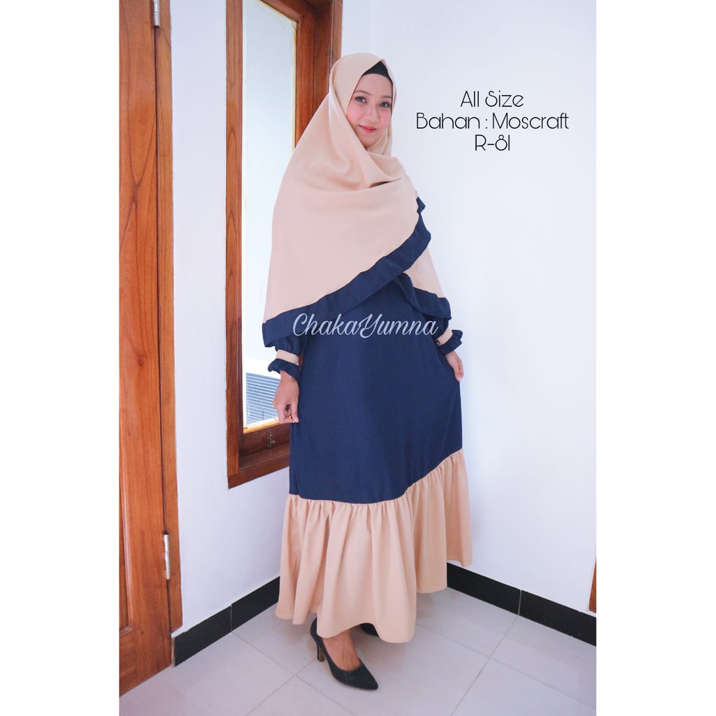 Gamis Syar'i Wanita Muslim Bahan Moscrepe Biru Dongker