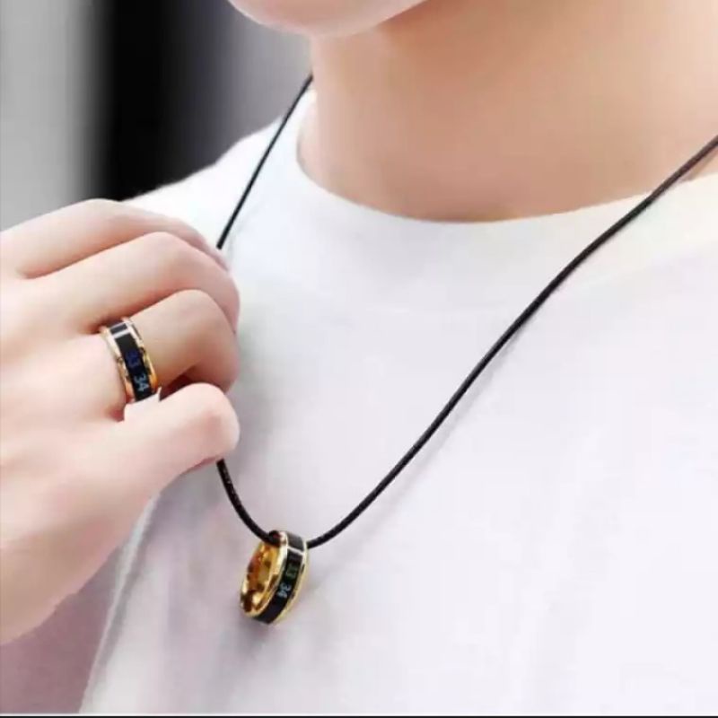 kalung tali polos hitam dan cincin titanium pria wanita tali bandul hitam cincin suhu