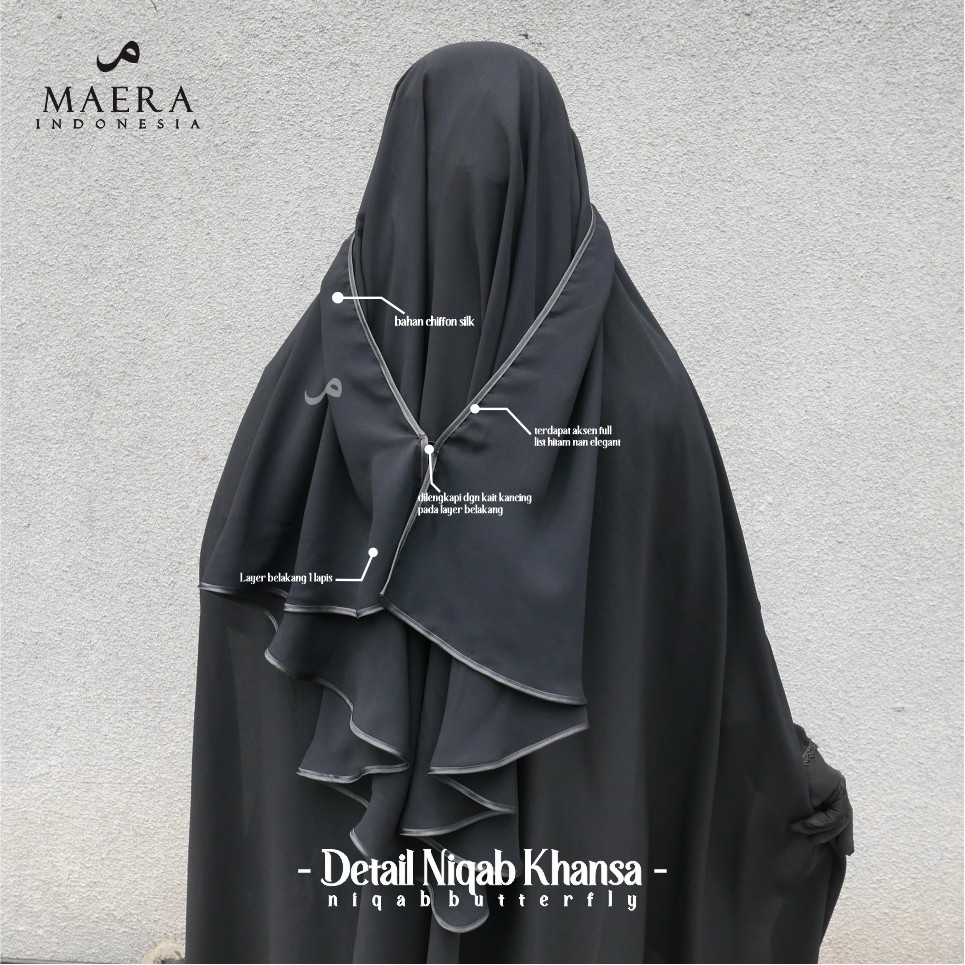 Cadar Niqab Yaman Bandana Butterfly 2 Layer Sifon Silk Jetblack Premium KHANSA by Maera