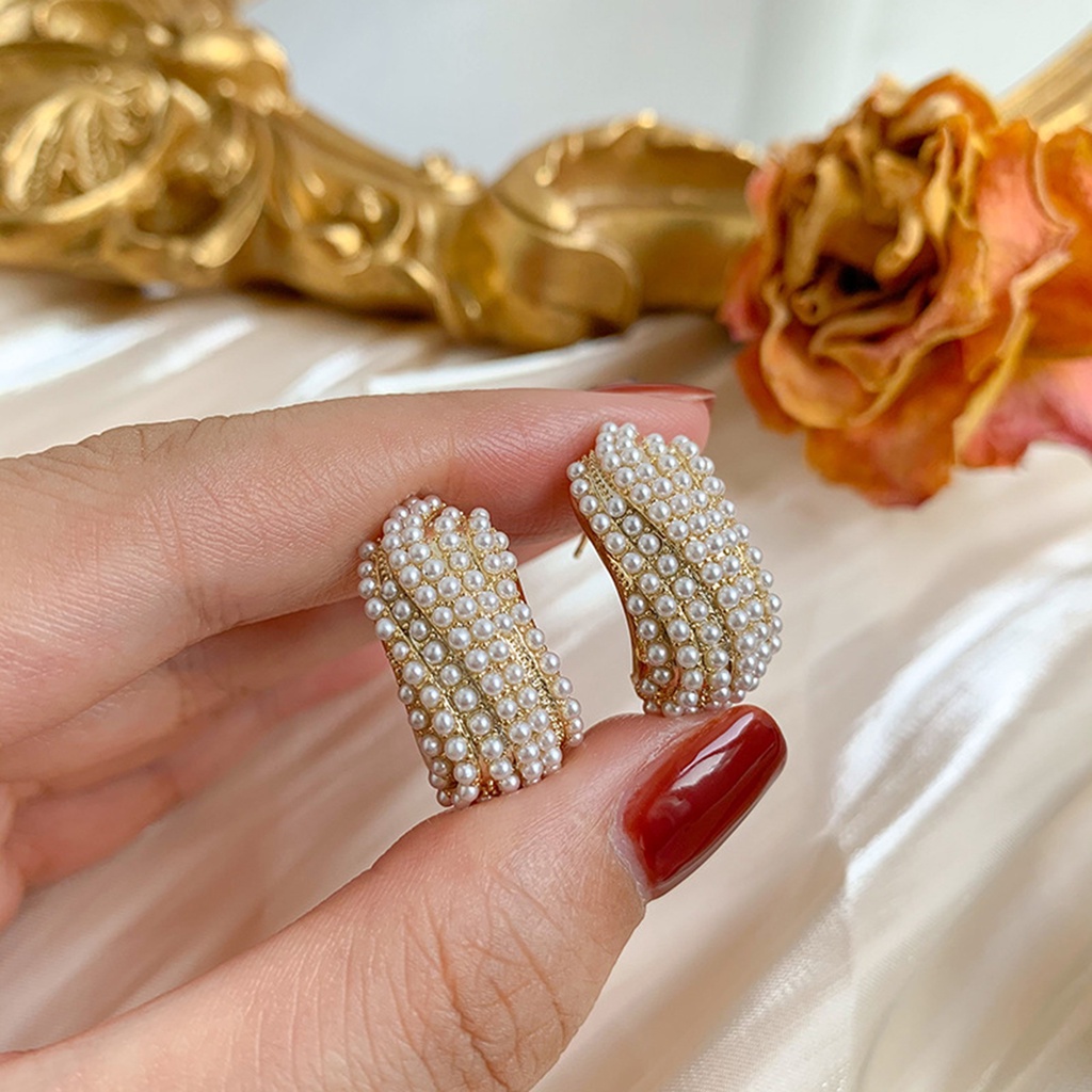 Hu Hu Hu Hu Hu Alat Bantu Pasang Kacamata♡ 1 Pasang Anting Stud Bentuk C Aksen Mutiara Tiruan Untuk Wanita