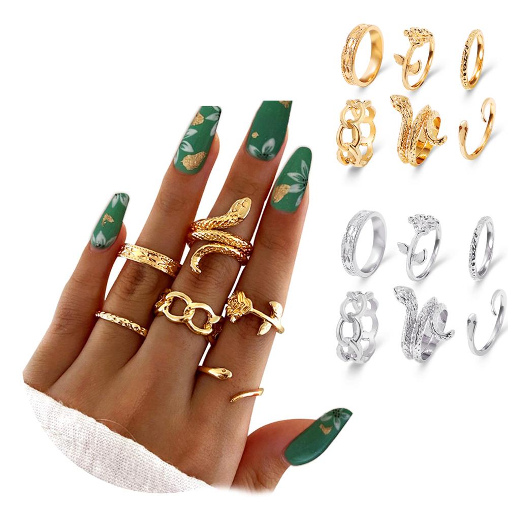 Lily 6pcs /Set Cincin Set Aksesoris Pesta Vintage Rantai Snake Joint Open Knuckle Rings