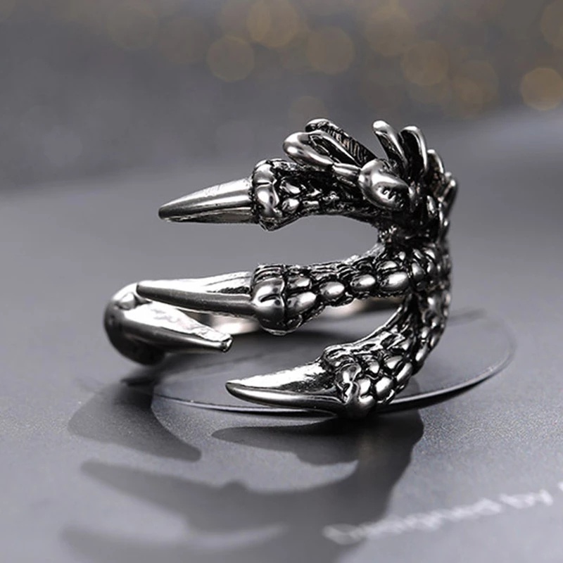 1 Pc Fashion Simple Creative Retro Hip-hop Style Silver Dragon Claws Design Adjustable Open Ring