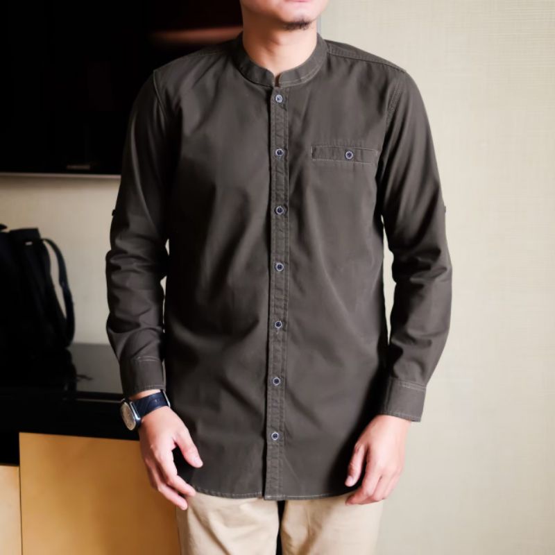 KEMKO PRIA LENGAN PANJANG BAHAN FULL COTTON WASHING KEMEJA KOKO WARNA HITAM ARMY MAROON TAN M L XL