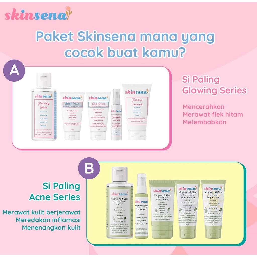 SKINSENA glowing mugwort cica acne care/toner / day / facial face wash cleanser / essence / serum / night cream / acne spot gel / mask masker / body lotion / body scrub mini size full size glow murah bpom mencerahkan jerawat acne prone bruntusan skin sena