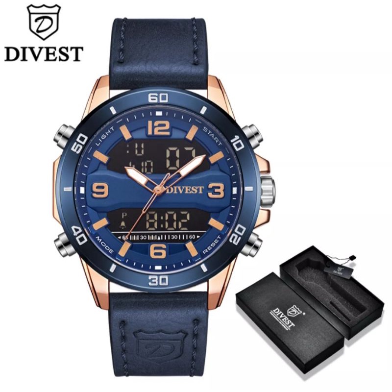 DIVEST Jam Tangan Kuarsa LED Digital Pria, Arloji Tahan Air Tali Kulit Militer Olahraga Merek Top Me