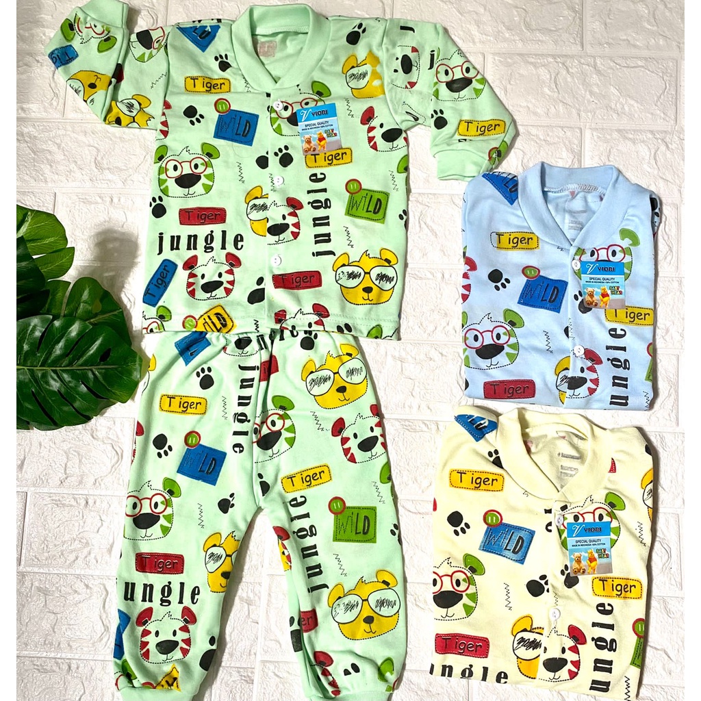 baju anak lucu murah motif jungle kancing depan dasar warna setelan 3-18bulan (PP074)