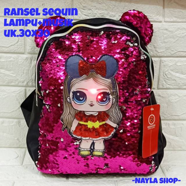 &quot;aurabagss&quot; - Tas Anak Perempuan Ransel Sequin Motif LOL ( Bunyi ) LED ( Lampu ) Terbaru 2023