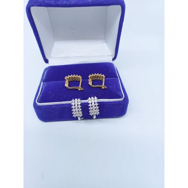 Anting perak 925 berlapis emas asli Anting jepit lebar mata putih 3 baris/anting dewasa perak 925