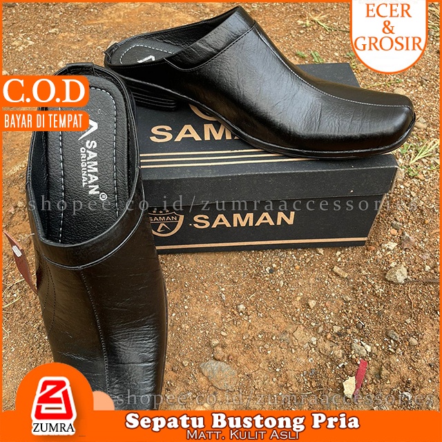 SAMAN Sepatu Slip On Bustong Kulit Asli Glossy 3 Pilihan Warna 6 Size Hitam Coklat Tan 39 40 41 42 43 44