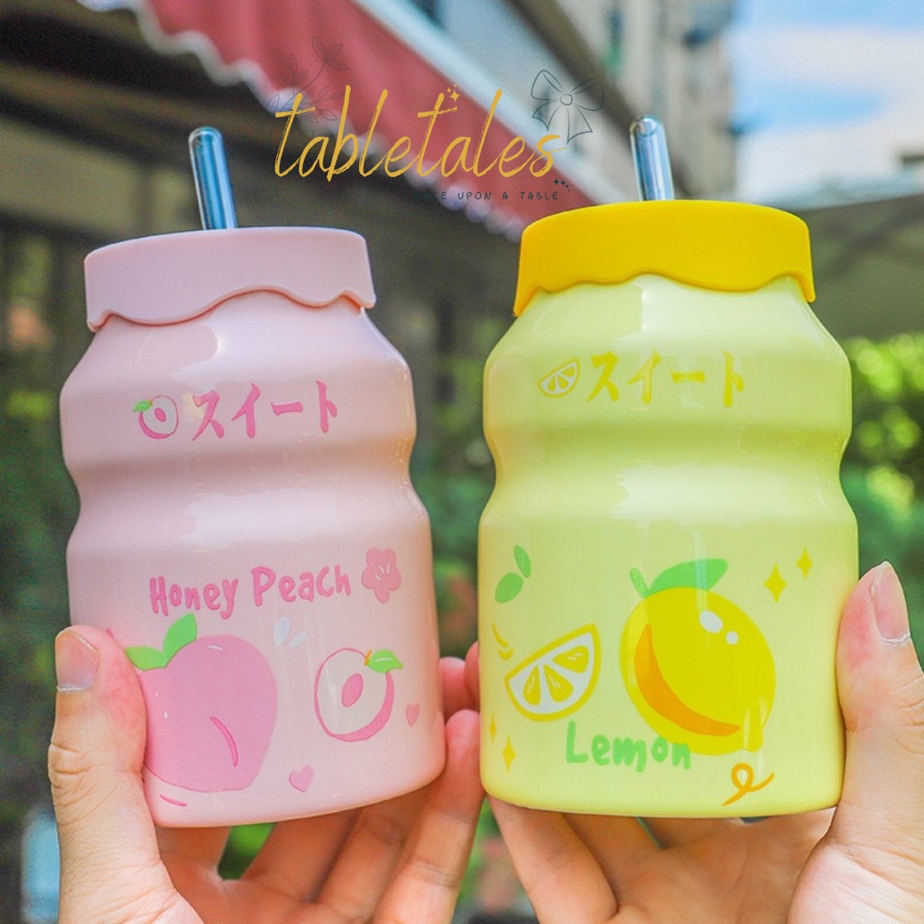 Botol Minum Gelas Kaca Bentuk Yakult Fruit with straw / Gelas Susu / Botol Susu Keramik / Botol Mode